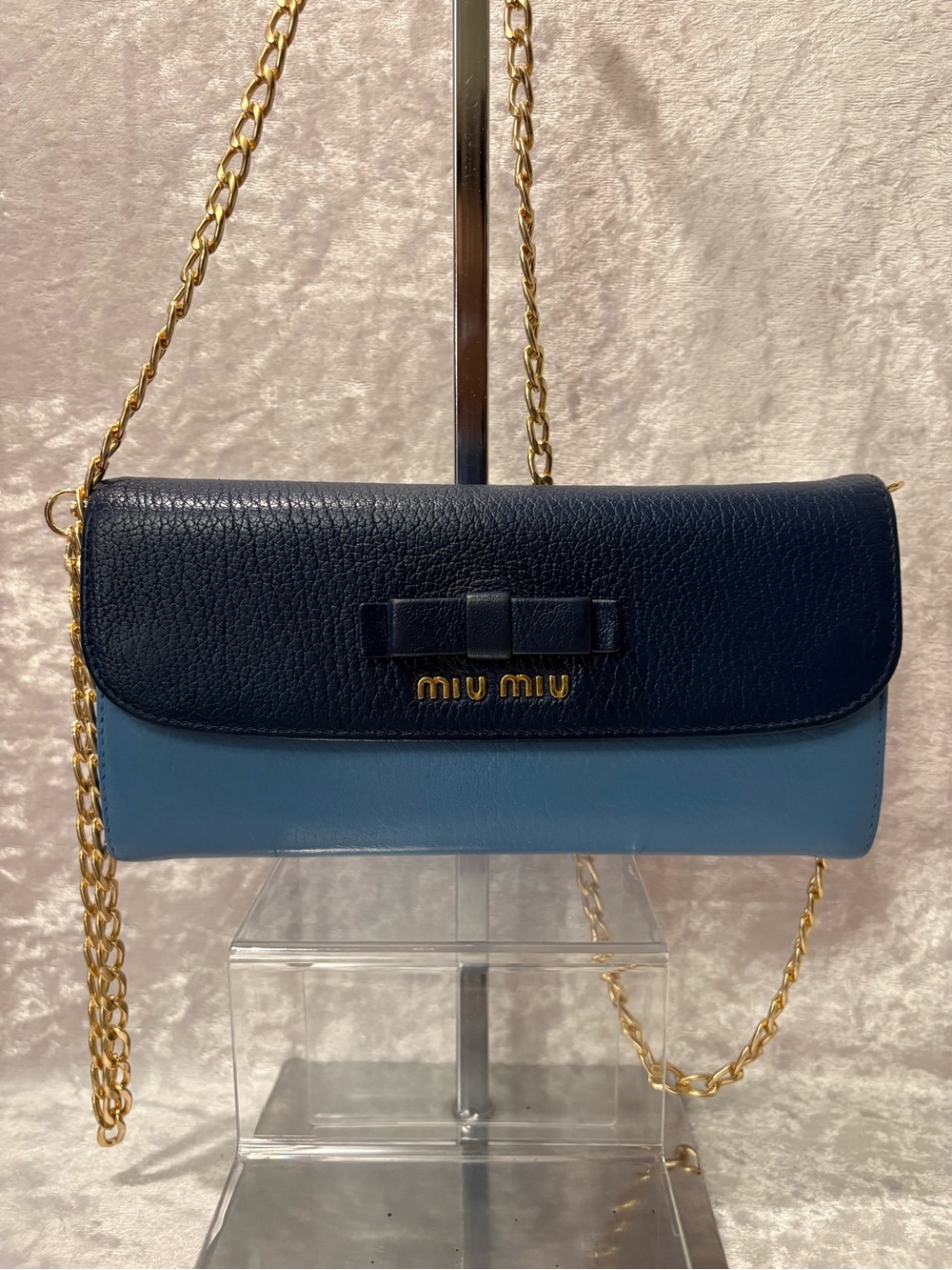 Miu Miu Two Tone Madras Bow Continental Flap Wallet Blue Authentic